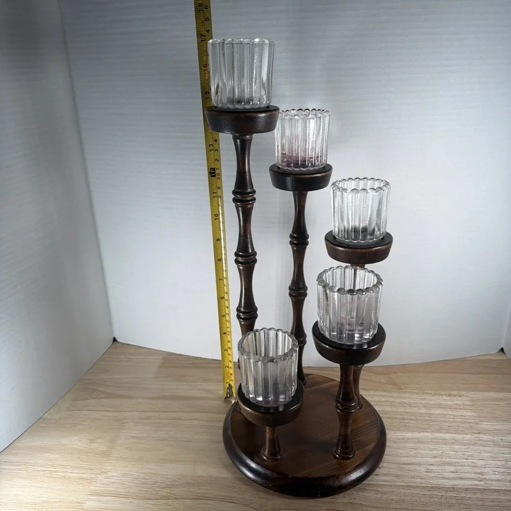 Mid Century Vintage 5-tier Wooden Spiral Candle Holder Spindles Candelabra